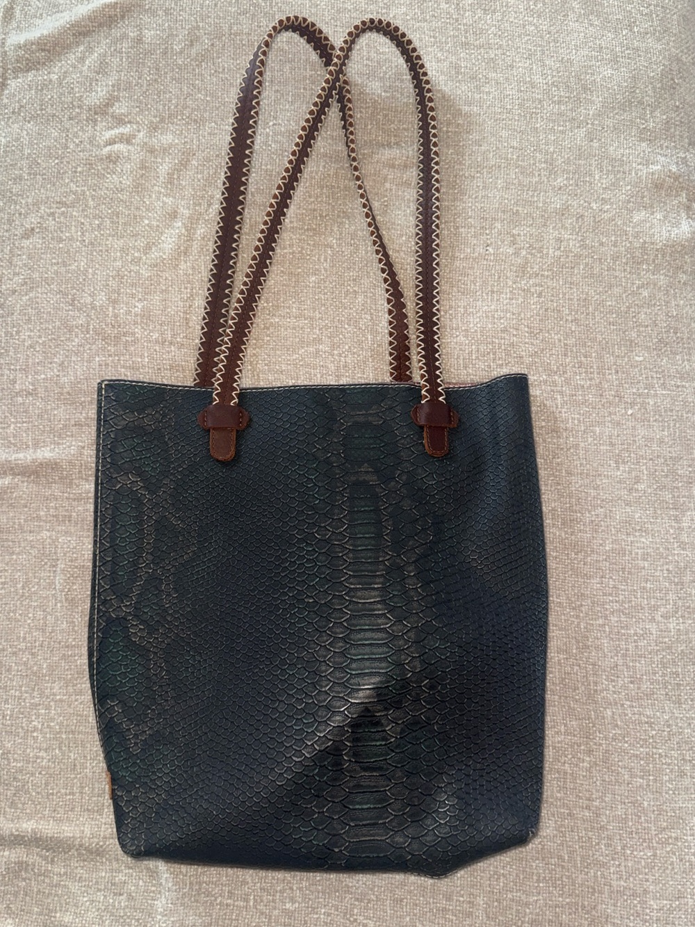 Consuela Black Snake-Embossed Tote with Brown Handles